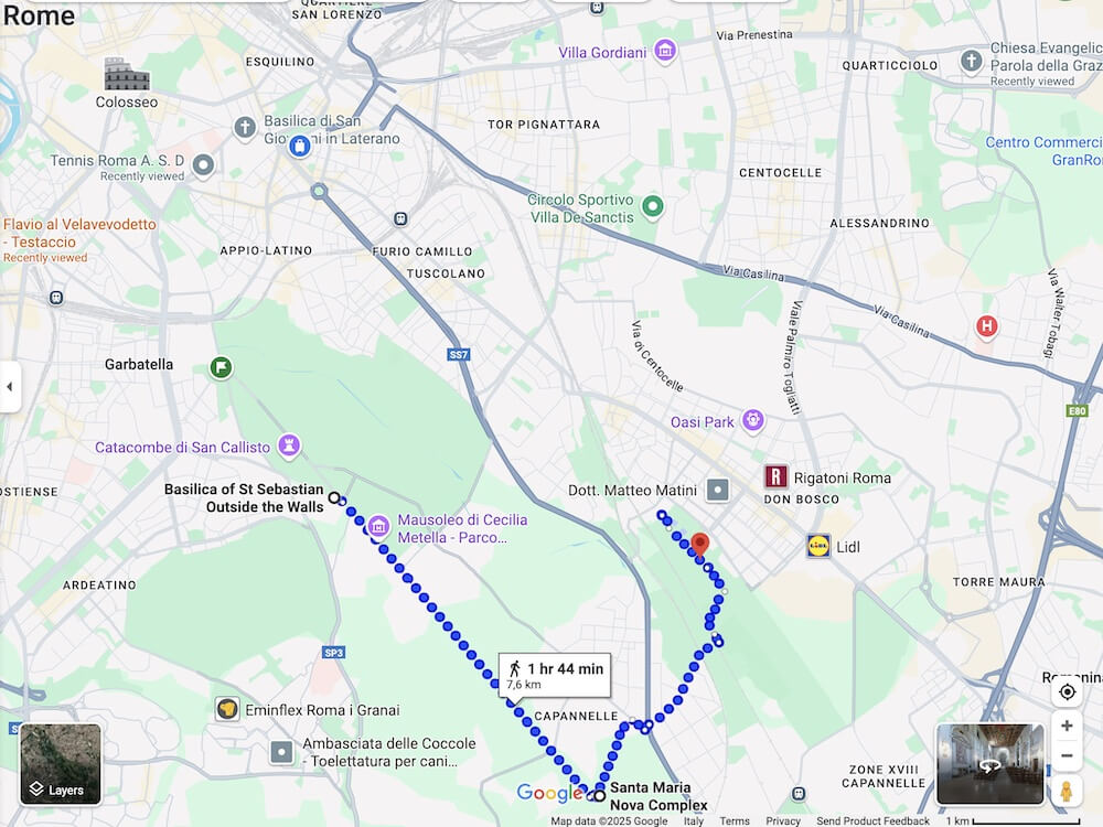 Zoomed out route taken from the Church of St Sebastian to the Aqueduct Park on Alex's Appian Way & Aqueduct Park Walking Tour