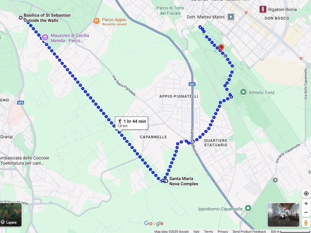Route taken from the Church of St Sebastian to the Aqueduct Park on Alex's Private Appian Way & Aqueduct Park Walking Tour